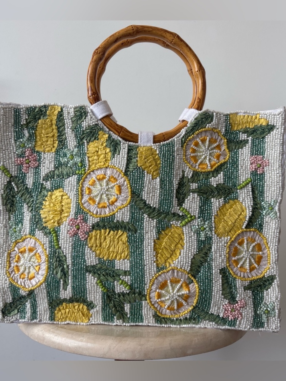 Sol & Mer Beaded Lemon Tote with Bamboo Handles